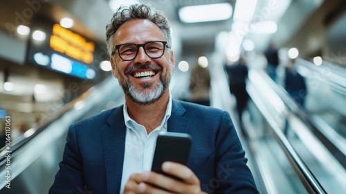 A cheerful man navigates an escalator while focused on his smartphone, embodied in a positive demeanor amidst the dynamic flow of urban transit.