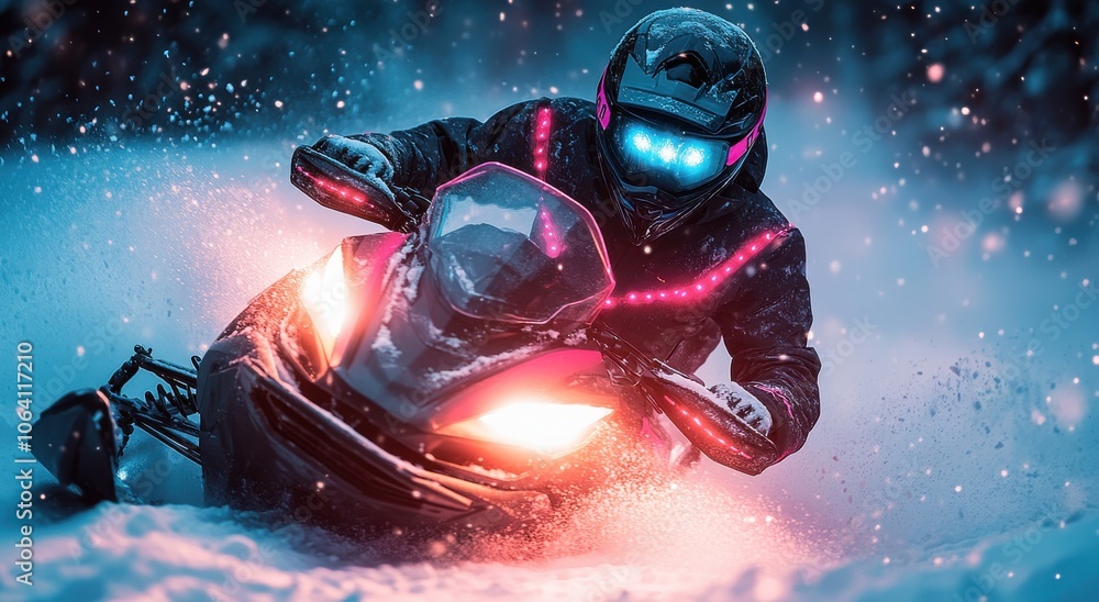 Adventurous snowmobiling with glowing headlights in snowy landscape Adventurous snowmobiling with glowing headlights in snowy landscape