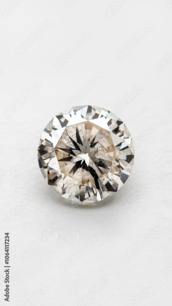 Round diamond with sparkling facets isolated on blurred white background Round diamond with sparkling facets isolated on blurred white background