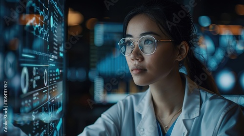 Data scientist using a computer to conduct data mining, with a digital landscape of data points