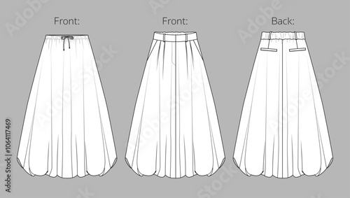 Vector midi bubble hem skirt fashion CAD, balloon woman skirt with waistband and welt pockets detail sketch, template, flat, technical drawing. Woven fabric 2 pcs set of skirt with front, back view