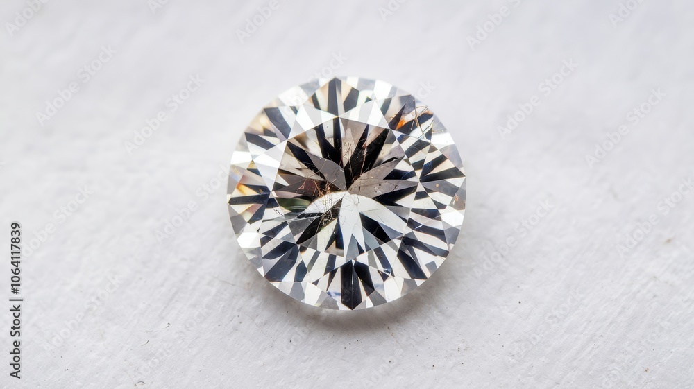 Single round clear diamond with minor scratches on light grey background Single round clear diamond with minor scratches on light grey background