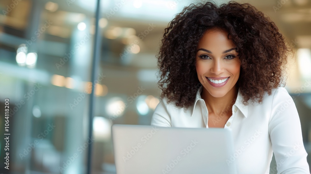 A cheerful woman with curly hair beams at the camera, sitting at her laptop in a bright, open space, exuding confidence and positivity in a professional environment. A cheerful woman with curly hair beams at the camera, sitting at her laptop in a bright, open space, exuding confidence and positivity in a professional environment.
