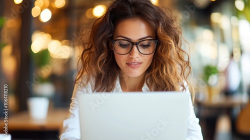 A focused woman, wearing glasses, types intently on her laptop at a desk in a warmly lit environment, surrounded by soft, bokeh lights, conveying concentration.