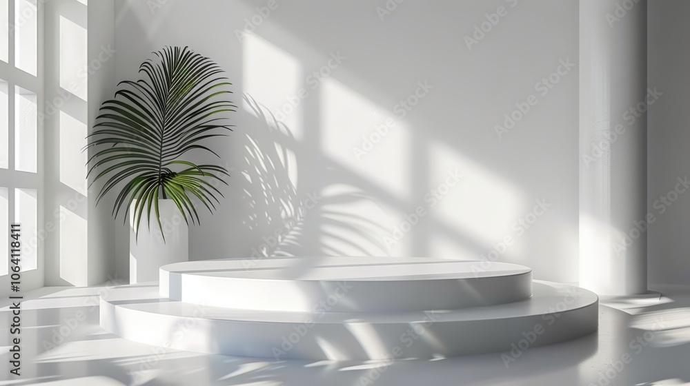 Geometric platform, minimalist white space, cylinder podium, palm leaf shadows, modern display Geometric platform, minimalist white space, cylinder podium, palm leaf shadows, modern display