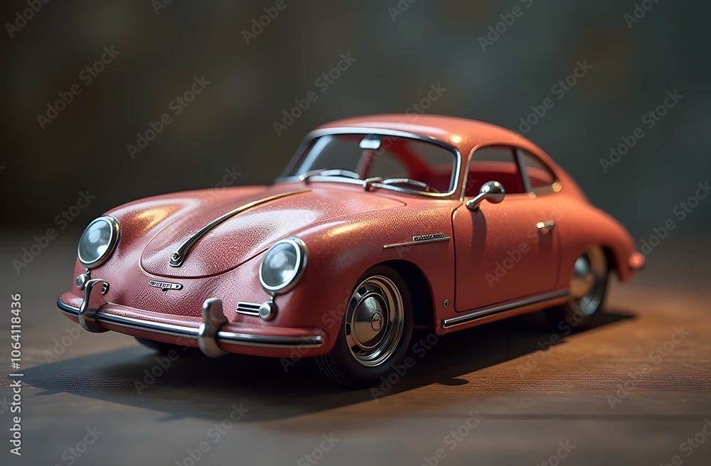 Obraz premium A classic pink sports car is prominently displayed on a wooden surface, highlighting its vintage design and stylish curves under warm lighting, evoking nostalgia