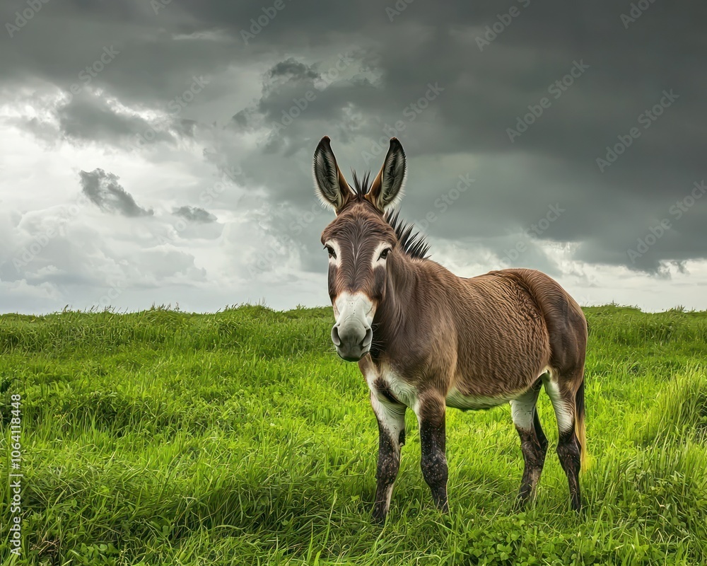 Beautiful donkey standing in a lush green field under a cloudy sky Beautiful donkey standing in a lush green field under a cloudy sky