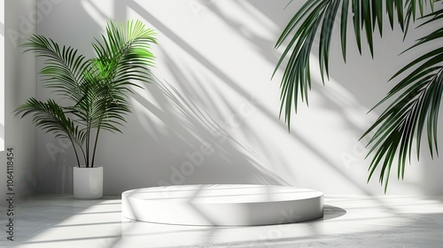 Geometric platform, minimalist white space, cylinder podium, palm leaf shadows, modern display