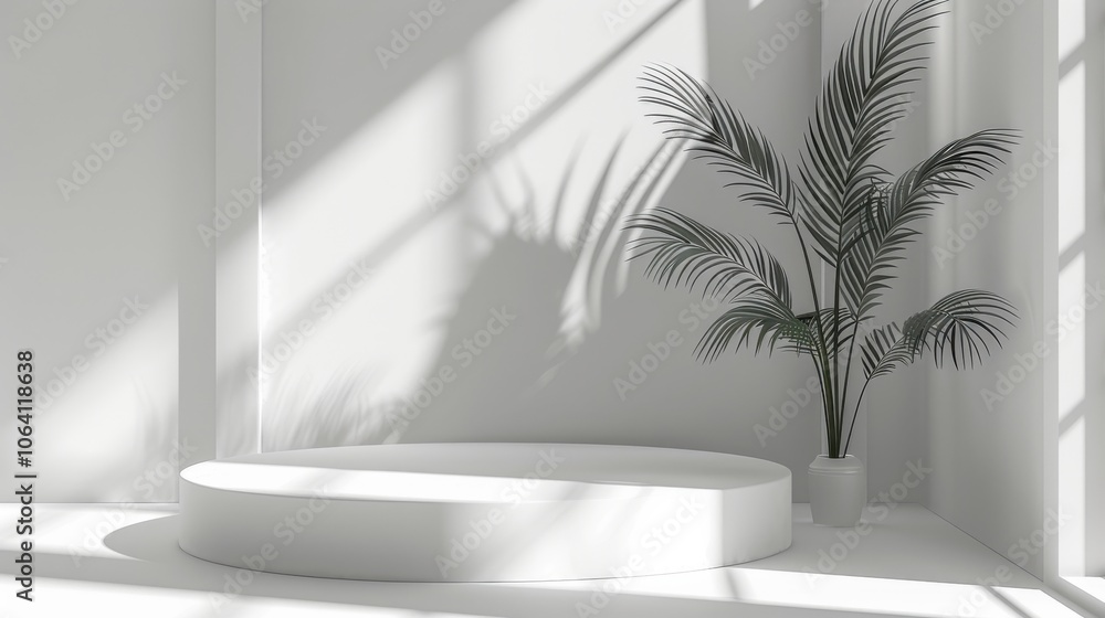 Geometric platform, minimalist white space, cylinder podium, palm leaf shadows, modern display Geometric platform, minimalist white space, cylinder podium, palm leaf shadows, modern display