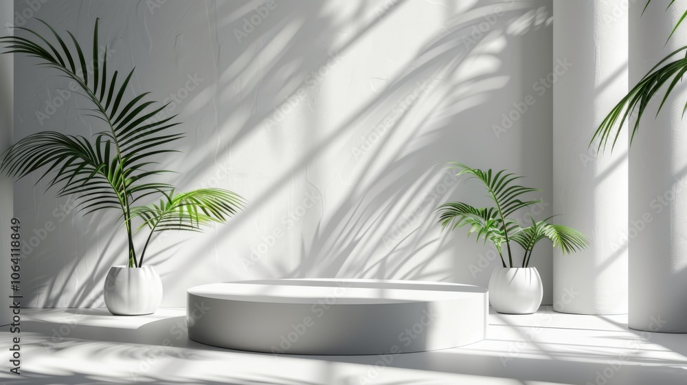 Geometric platform, minimalist white space, cylinder podium, palm leaf shadows, modern display Geometric platform, minimalist white space, cylinder podium, palm leaf shadows, modern display