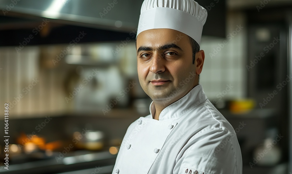 A portrait of a chef in a professional kitchen, wearing a white uniform with a confident, proud look. A portrait of a chef in a professional kitchen, wearing a white uniform with a confident, proud look.