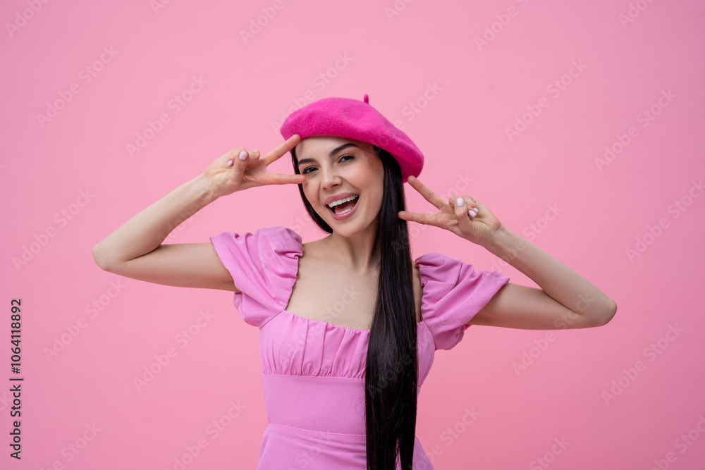 Beautiful you woman in pink dress and pink beret smiling happily Beautiful you woman in pink dress and pink beret smiling happily