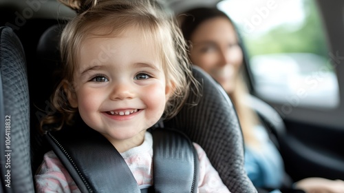 A young child with a beaming smile sits securely in a car seat, with a blurred guardian in the background, radiating pure joy and innocence in everyday life.