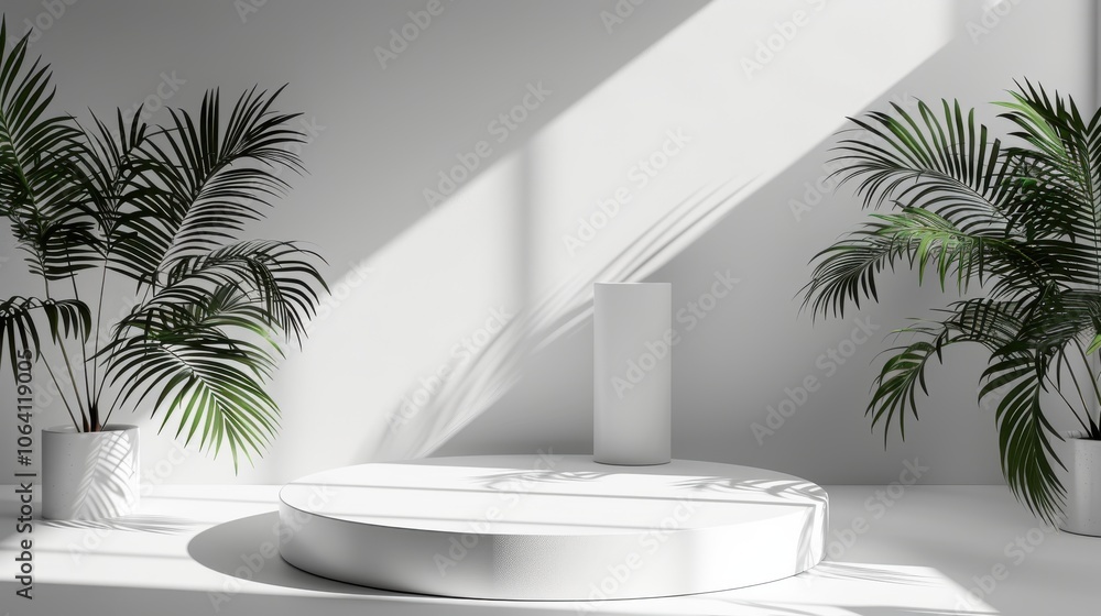 Geometric platform, minimalist white space, cylinder podium, palm leaf shadows, modern display Geometric platform, minimalist white space, cylinder podium, palm leaf shadows, modern display