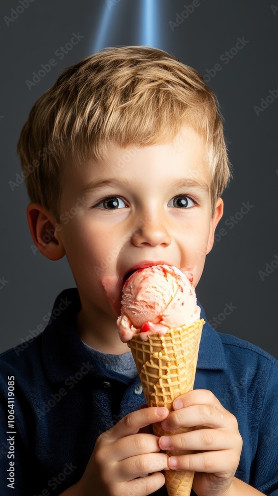 a boy eating a strawberry ice cream in a cone, a boy eating a strawberry ice cream in a cone,