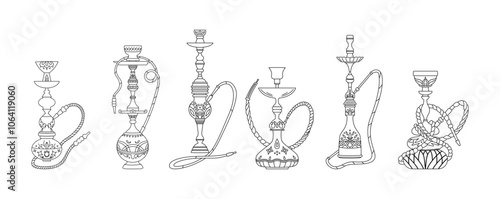 A set of illustrations of hookahs in the line style. Black and white hookah.