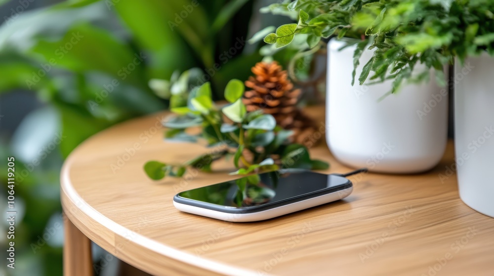 A smartphone lies flat on an elegant white wireless charger on a wooden table, surrounded by potted green plants and pinecones, indicating calm and connectivity. A smartphone lies flat on an elegant white wireless charger on a wooden table, surrounded by potted green plants and pinecones, indicating calm and connectivity.