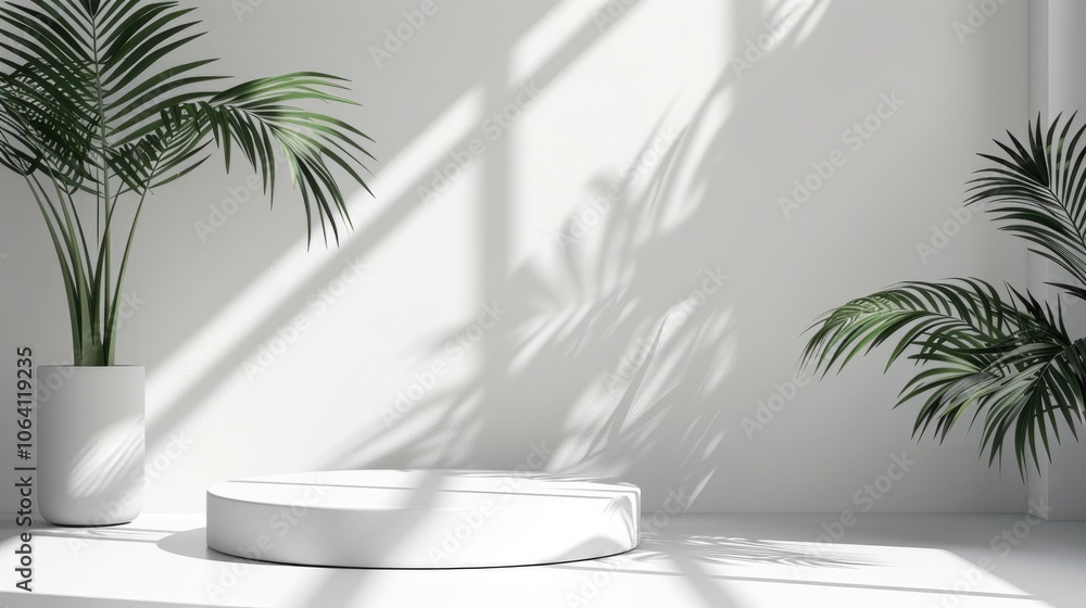 Geometric platform, minimalist white space, cylinder podium, palm leaf shadows, modern display Geometric platform, minimalist white space, cylinder podium, palm leaf shadows, modern display