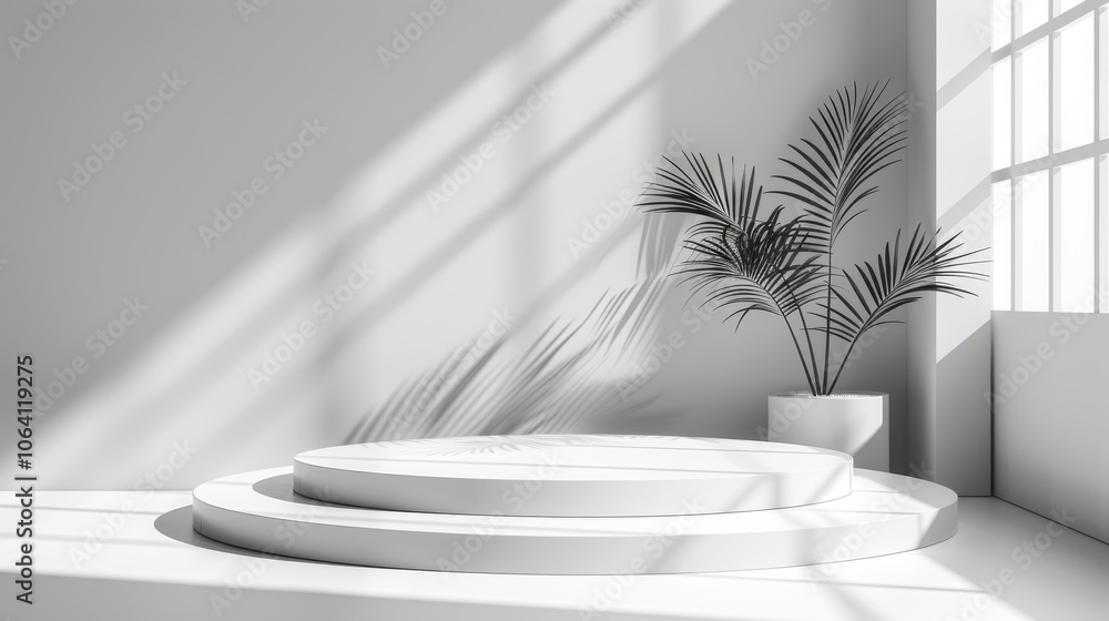 Geometric platform, minimalist white space, cylinder podium, palm leaf shadows, modern display Geometric platform, minimalist white space, cylinder podium, palm leaf shadows, modern display