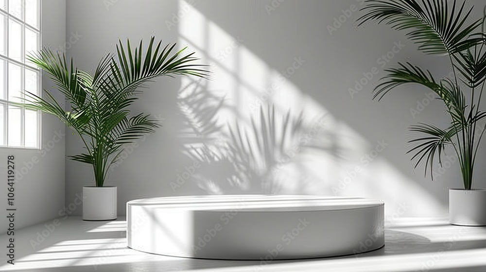 Geometric platform, minimalist white space, cylinder podium, palm leaf shadows, modern display Geometric platform, minimalist white space, cylinder podium, palm leaf shadows, modern display
