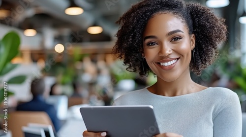 A woman with curly hair smiles confidently while holding a digital tablet in a modern office, representing engagement, tech-savviness, and professional focus.