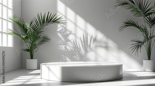 Geometric platform, minimalist white space, cylinder podium, palm leaf shadows, modern display