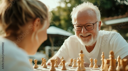 An elderly man, smiling joyfully, enjoys playing chess with a friend in an outdoor setting. The focus is on their camaraderie and strategic engagement over chess. photo