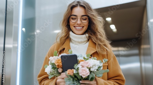 A woman wearing glasses holds a bouquet of pastel flowers and a smartphone, smiling brightly in a modern elevator setting, indicating a joyful moment. photo