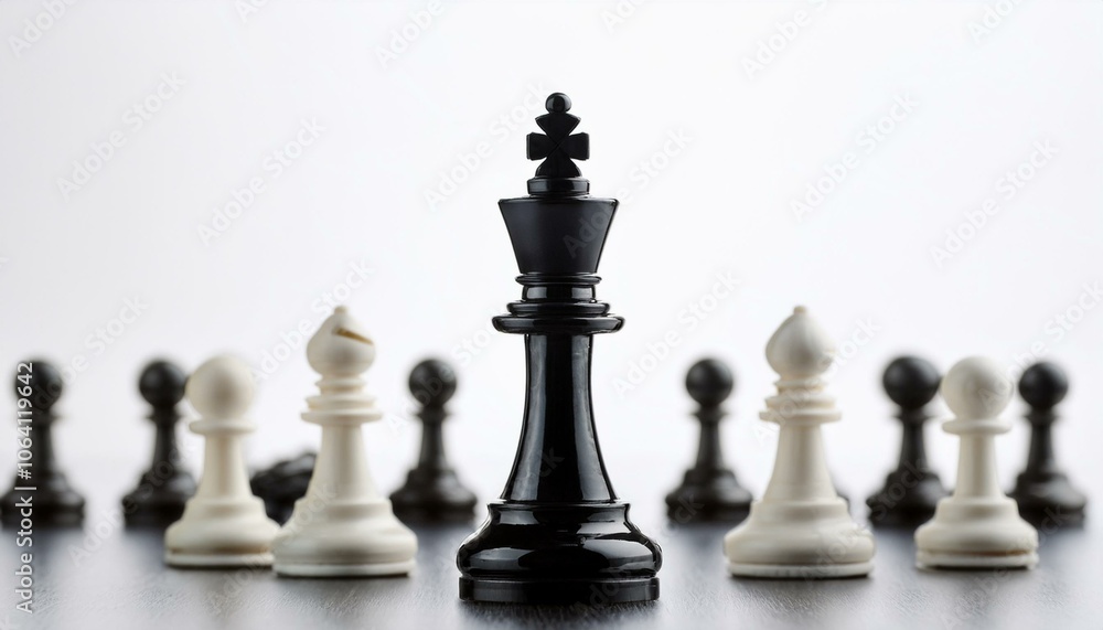 Black chess king standing ahead of white pawns on white background. Strategy and competition concept. Generative AI Black chess king standing ahead of white pawns on white background. Strategy and competition concept. Generative AI