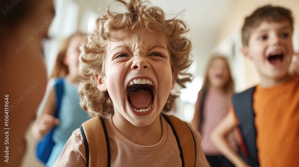 A child with curly hair and a backpack joyfully shouts in a school hallway, representing the exuberant energy and happiness of being with friends. A child with curly hair and a backpack joyfully shouts in a school hallway, representing the exuberant energy and happiness of being with friends.