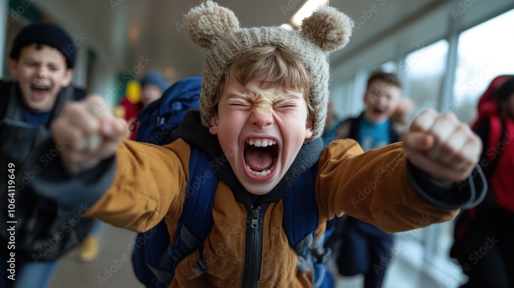 A young boy wearing a woolen hat and jacket energetically throws up his arms in an indoor sporting area, capturing childhood playfulness and excitement. A young boy wearing a woolen hat and jacket energetically throws up his arms in an indoor sporting area, capturing childhood playfulness and excitement.