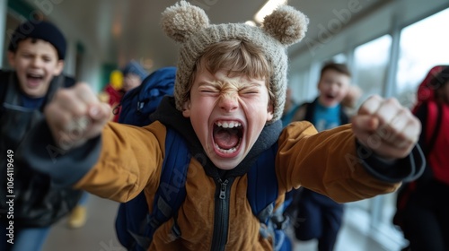 A young boy wearing a woolen hat and jacket energetically throws up his arms in an indoor sporting area, capturing childhood playfulness and excitement. photo