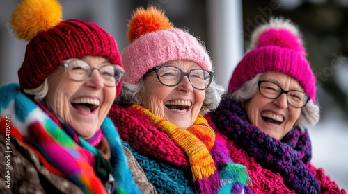 A trio of elderly women wrapped in colorful scarves and hats, laughing together outdoors, encapsulating the joy and warmth of enduring friendships and winter fun.