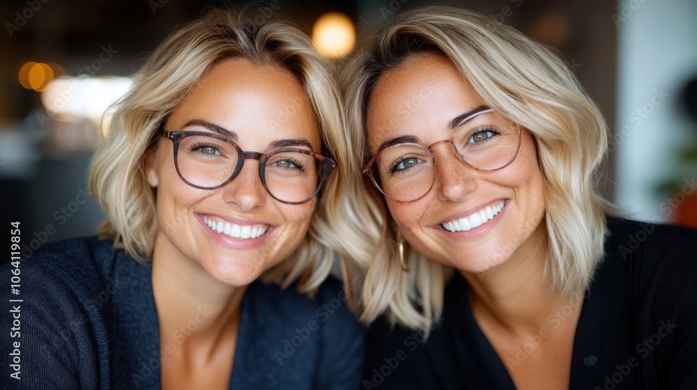 Two women with similar hairstyles and glasses sit together indoors, closely smiling at the camera, showcasing joyful companionship and a trendy, stylish atmosphere. Two women with similar hairstyles and glasses sit together indoors, closely smiling at the camera, showcasing joyful companionship and a trendy, stylish atmosphere.