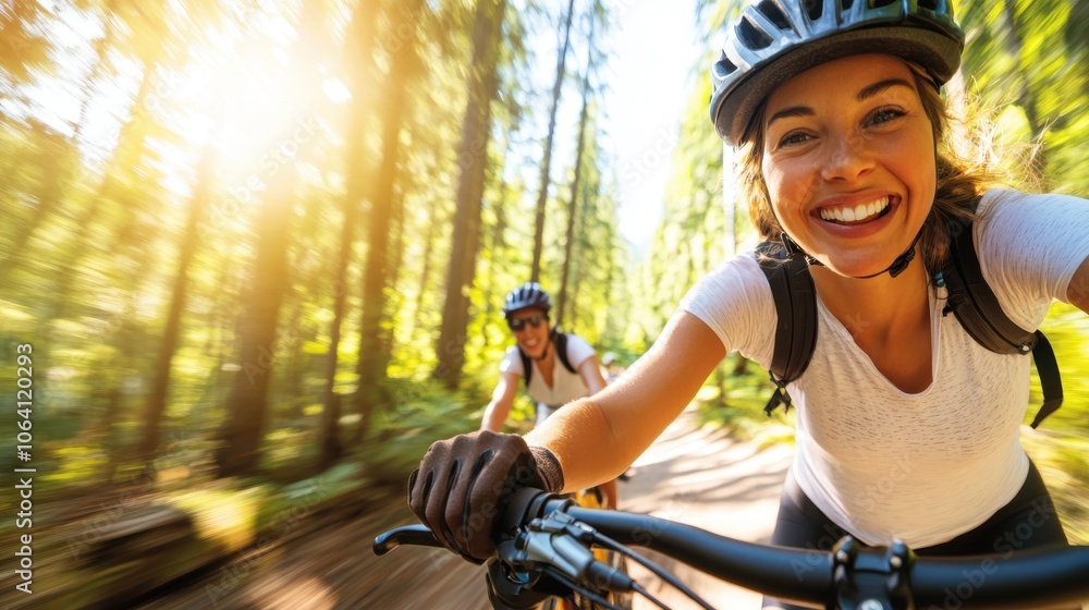 Obraz premium Two excited cyclists race through a sun-dappled forest track, their enthusiasm evident as they enjoy the thrill of the ride surrounded by vibrant green foliage.