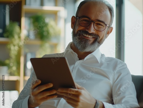 Relaxed Businessman Reading on Tablet photo