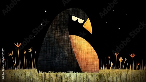   Black bird with yellow beak sits in tall grass, night sky background