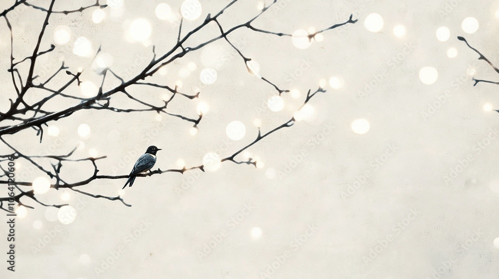 A bird rests on a tree's branch, surrounded by white lights and falling snowflakes A bird rests on a tree's branch, surrounded by white lights and falling snowflakes