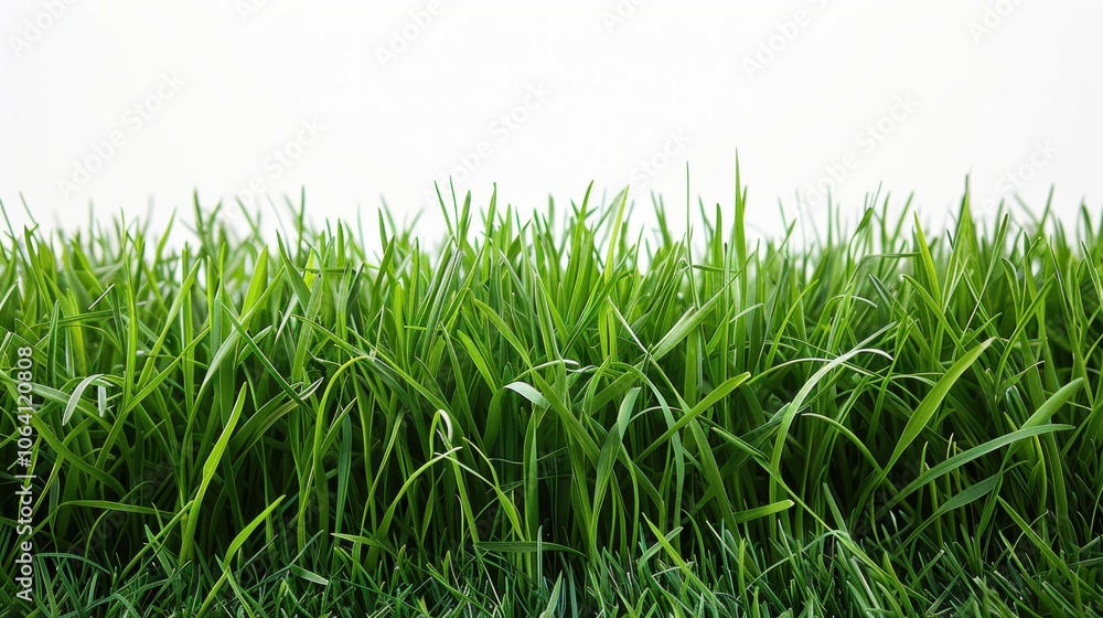 Green grassland, isolated on white, with dew drops on the blades. A fresh and calming nature scene Green grassland, isolated on white, with dew drops on the blades. A fresh and calming nature scene