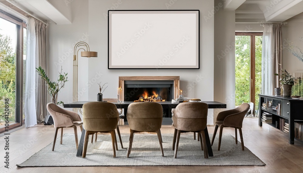 Fototapeta premium Elegant home living room interior with eating table and fireplace, mockup frame