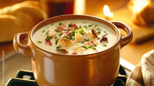 a pot on a stove of new england clam chowder, kitchen scene,  photo