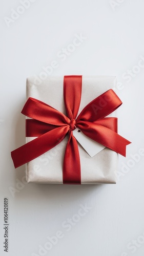 Gift-wrapped box with vibrant red bow on textured neutral background