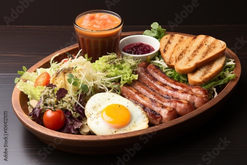 Traditional english breakfast featuring eggs, bacon, beans, and toast for a hearty meal photo