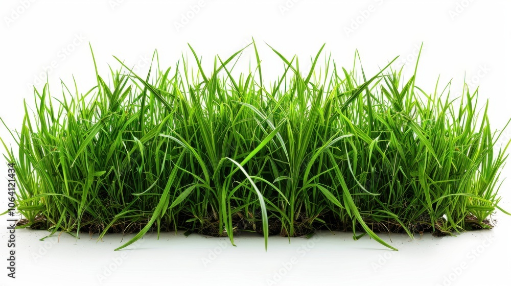 Obraz premium Green grassland, isolated on white, with dew drops on the blades. A fresh and calming nature scene