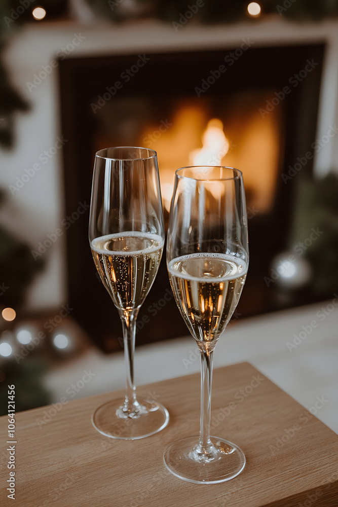 Two elegant champagne flutes filled with bubbly near a warm fireplace. Two elegant champagne flutes filled with bubbly near a warm fireplace.