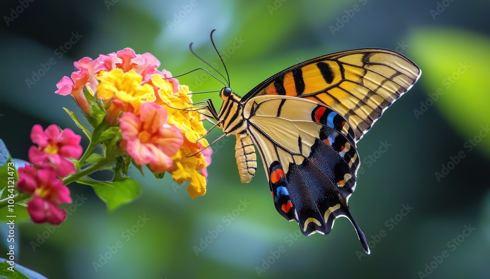 Fototapeta premium Bright tiger butterfly pollinating a vibrant flower, natural scene