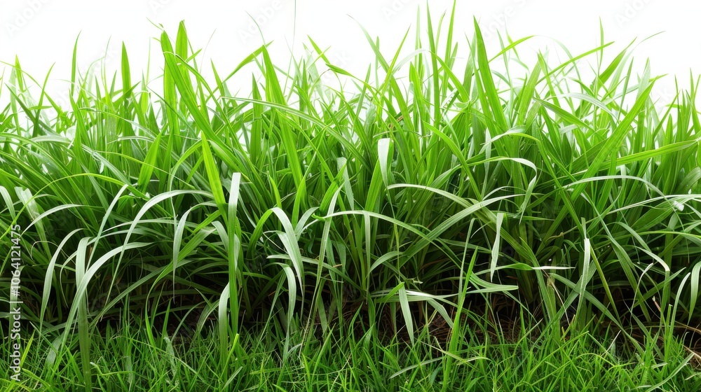 Green grassland, isolated on white, with dew drops on the blades. A fresh and calming nature scene Green grassland, isolated on white, with dew drops on the blades. A fresh and calming nature scene
