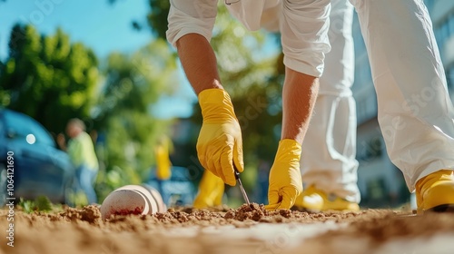 A team of forensic specialists meticulously collecting evidence in an urban environment, focusing on the ground while wearing protective suits and gloves. Teamwork at its core. photo