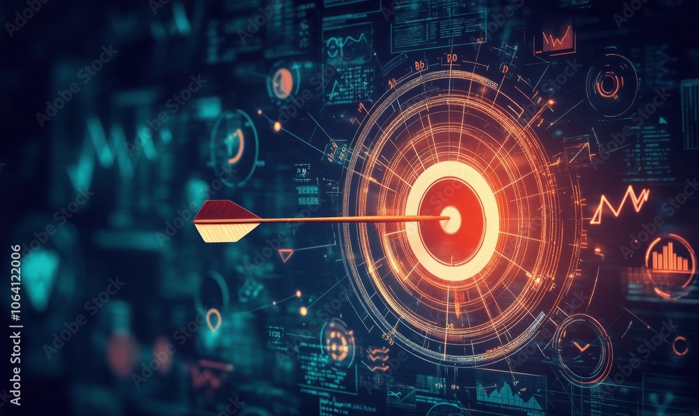 A sharp, focused image of a dart hitting the bullseye on a target, symbolizing precise goal achievement Surrounding the target are various business icons like graphs, charts, and arrows A sharp, focused image of a dart hitting the bullseye on a target, symbolizing precise goal achievement Surrounding the target are various business icons like graphs, charts, and arrows