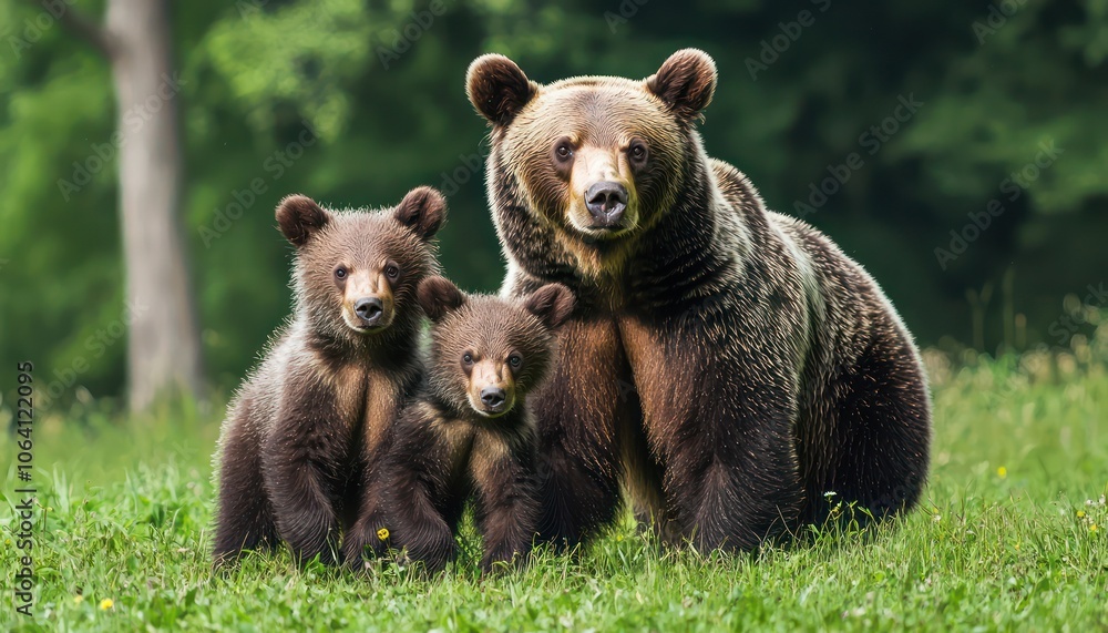 Fototapeta premium Brown bear with two cubs on a green meadow, panoramic wildlife scene